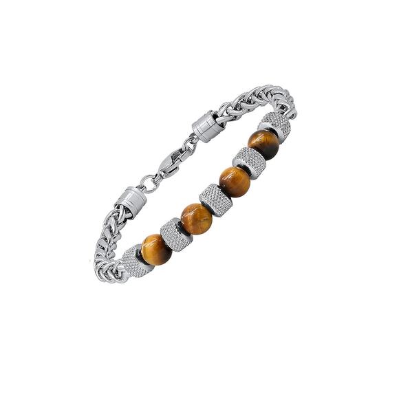 STEELTIME Men's Stainless Steel Wheat Chain Tiger Eye Beads Bracelet NEW - Picture 2 of 7